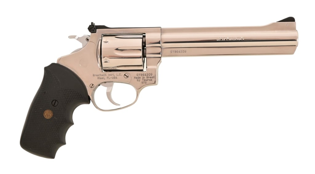 Rossi M972 .357 Magnum Revolver: 6" barrel, stainless steel finish, rubber textured grips, made in Brazil by Taurus, imported by Braztech L.C. Int'l, Miami, FL -USA. S/N GY864209. Modern.