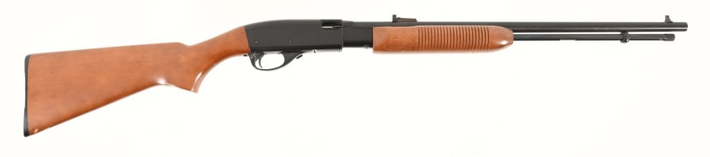 Remington 572 Fieldmaster .22 Rifle: 21 1/2" barrel, pump action, wood stock, short, long, and long rifle shells. SN: A1717927. Modern.
