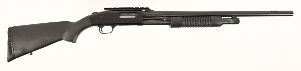 Mossberg Model 500A 12 Gauge Rifled Shotgun: 24" ported and rifled barrel, pump action, synthetic stock, 2 3/4" or 3" shells. SN: L191600. Modern.
