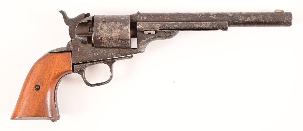 Colt 1871-1872 Open Top Relic Prop Gun: Appears to be prop gun designed as a relic. May contain some actual Colt parts. Very light "S" is stamped where serial number should be that may indicate Stembridge who supplied guns for movies. 7.25"