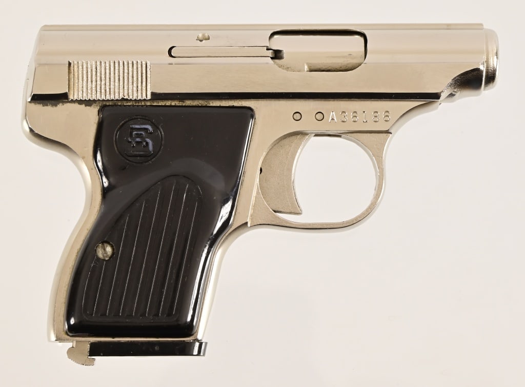 Sterling .22 LR Pistol: SN A36186. 2" barrel, working action. Nickel finish. Modern.