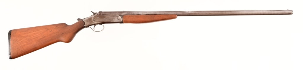 Stevens Single Shot 16 Gauge Shotgun: 30" barrel, decent bore. Gray metal finish, break over action, wood has been refinished. Modern.