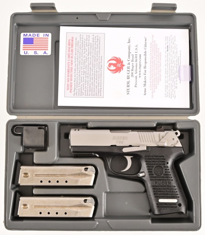 Ruger P95 Semi-Auto 9mm: SN 317-96386. Great condition in factory case. 3.75" barrel, good bore. With 2 mags and paperwork. Modern.