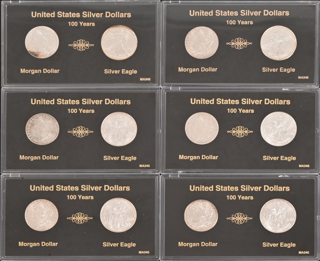 Six 100 Year U.S. Morgan Silver Dollar Sets: 6 sets for a total of 12 coins. Six 1902-2002, four 1889-1989, and two 1901-2001.