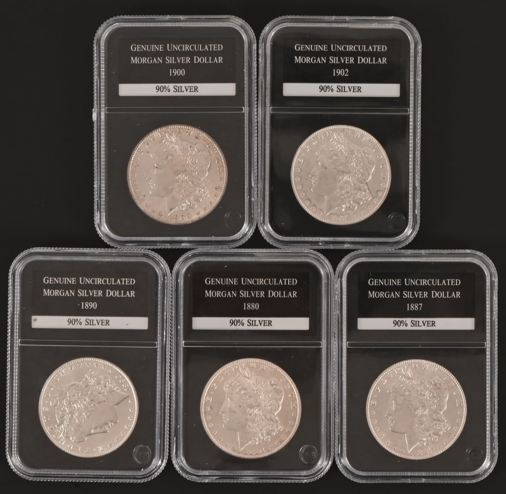 5 Uncirculated Morgan Silver Dollars: 90% Silver. 1880, 1887, 1890, 1900 and 1902.