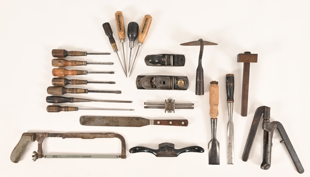 Collection Of Vintage Winchester Hand Tools: Hand planes, hack saw, chisels, screwdrivers.