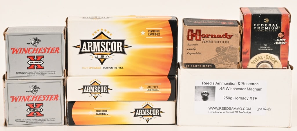 190 Rounds Assorted Large Pistol Ammo: 20 rounds 480 Ruger (Hornady), 60 rounds 454 Casull (Winchester & Federal), 50 rounds .45 Winchester Magnum (Reed's Ammunition & Research), 60 rounds 50 AE (Armscor USA).