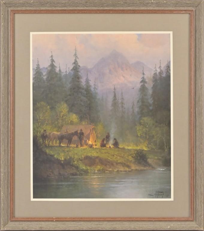 G. Harvey Limited Edition Print: "Camp in the Tetons" limited edition 746/1500. Framed and matted 29" x 33". Includes Certificate of Authenticity.
