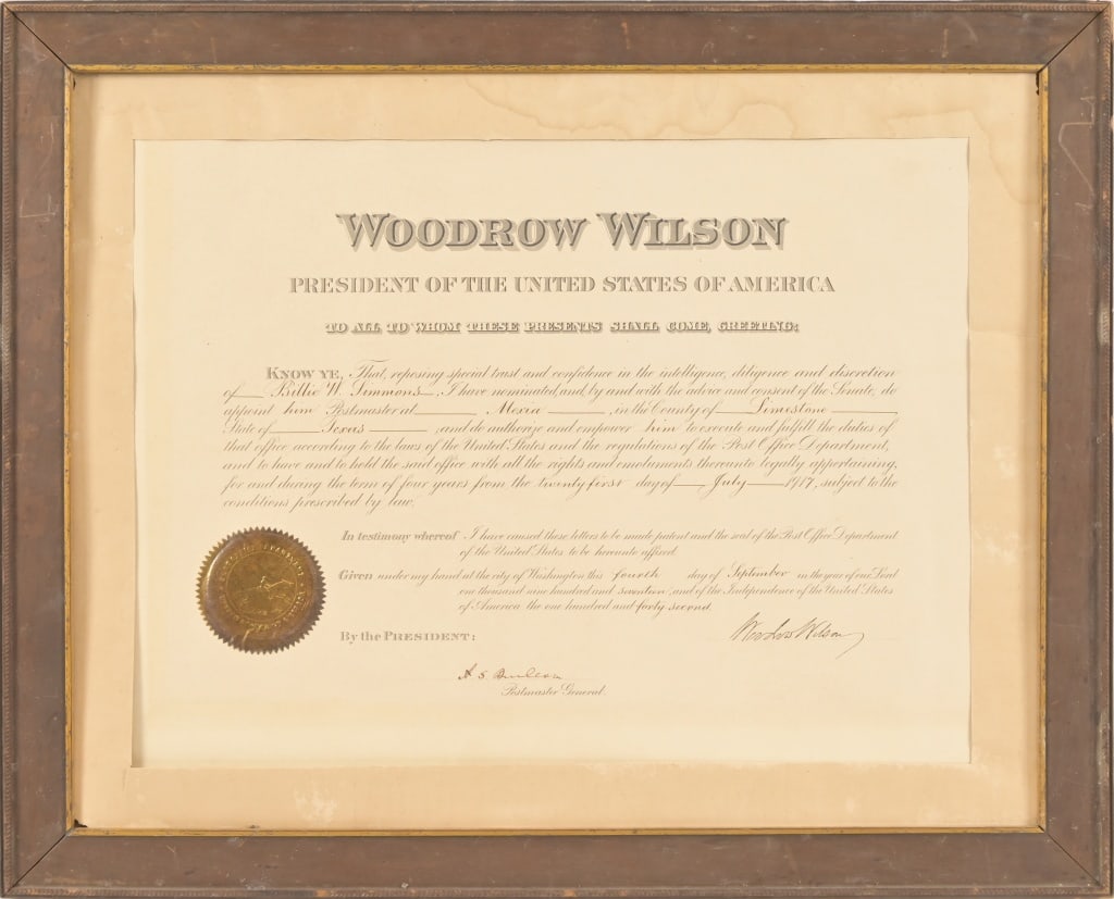 Woodrow Wilson, Mexia Texas Postmaster Appointment: Original President Woodrow Wilson signed Appointment for Billie W. Simmons to Postmaster, Mexia Texas 1917. Framed 18.5" x 22.5"