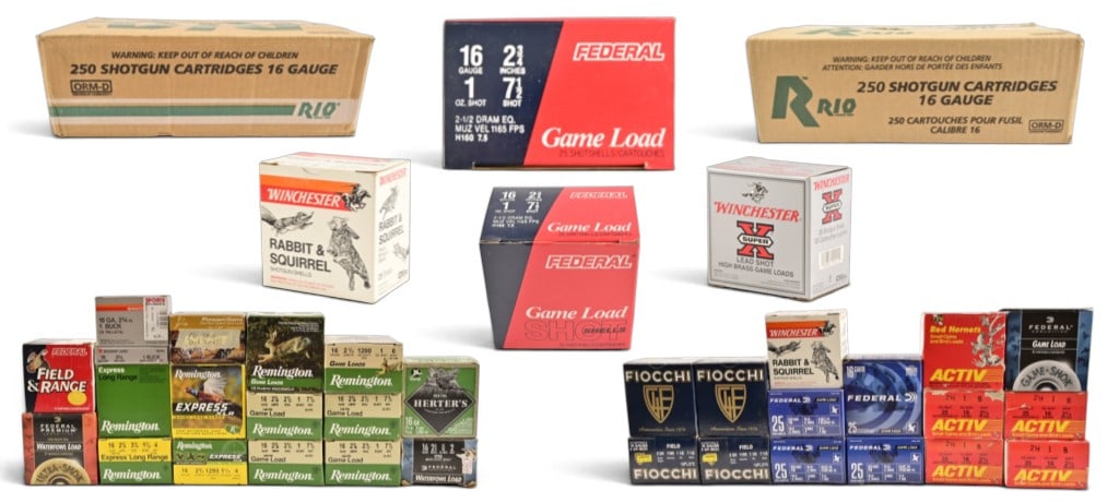 2,100 Rounds Winchester 16ga Shotgun Ammo: Rabbit and squirrel. 2 3/4", #6 Shot, 2 3/4", #7.5 shot, 2 3/4", #8 lead shot, Federal, Fiocchi, and Activ. 2 3/4", ranges from #7.5 to #8 shot, Remington, Herters, Impact, Winchester. Game loads, wat