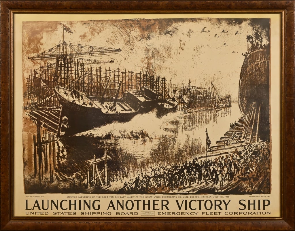 Launching Another Victory Ship Print J. Pennell: Large framed print by Joseph Pennell. Sidewise Launch of the S.S. "Lady Janet". The original artwork for this was created around WWI, July 4th 1918. Frame measures 62 1/2 x 49".