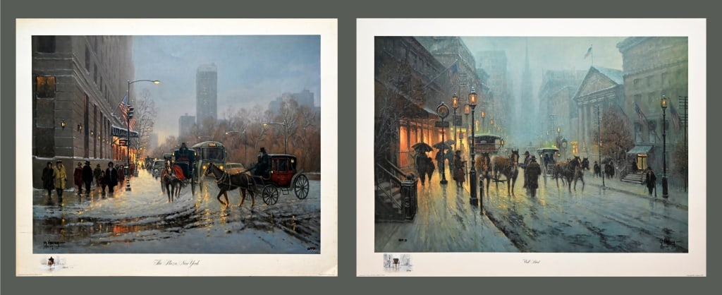 (2) G. Harvey Artist Proof Prints: "Wall Street" (21.25" x 28.75"), as well as "The Plaza, New York" (23" x 29") artist proof prints by G. Harvey, includes Certificates of Authenticity. Unframed