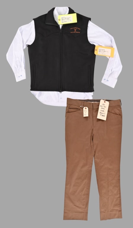 Yellowstone John Dutton Screen Worn Outfit: Embroidered arena vest from the popular TV series Yellowstone. Yellowstone Dutton Ranch embroidered on LH side. Brand Schaefer Outfitter, size medium, wood/nylon blend material. Shirt size 15.5 34/35 