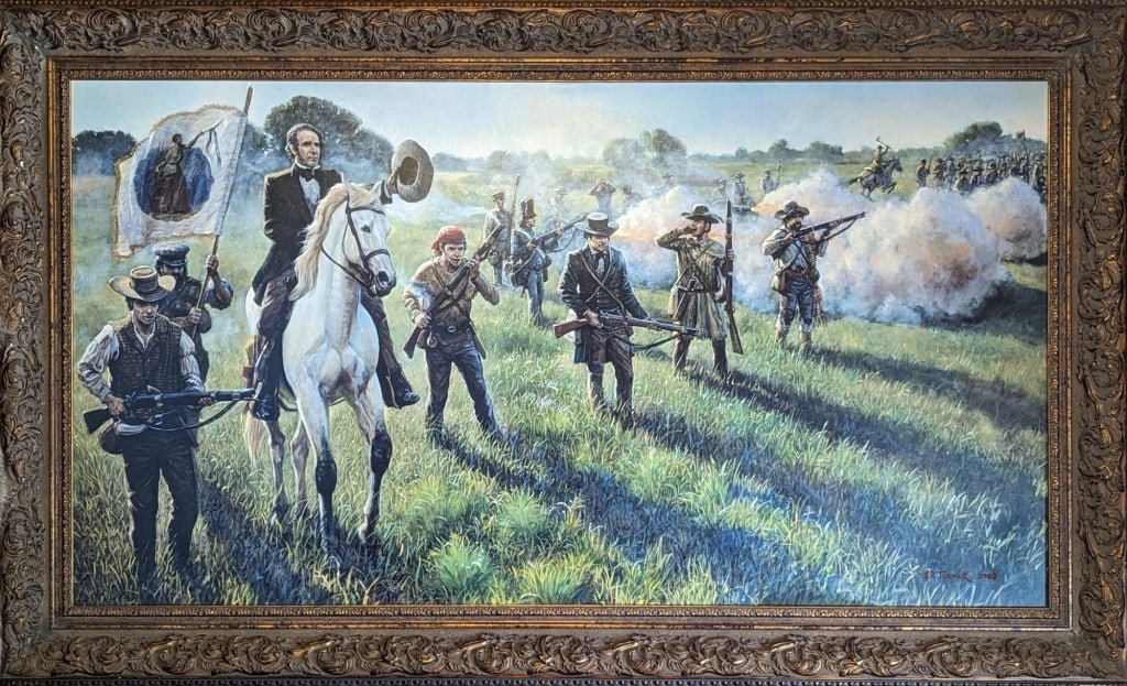 HUGE Battle of San Jacinto Texas Revolution Giclee: 7 feet wide, 4 feet tall "Battle of San Jacinto" Texas Revolution giclee, signed by Texas artist Ken Turner. The original is in the Texas Capitol. Was commissioned by former Governor Rick Perry.