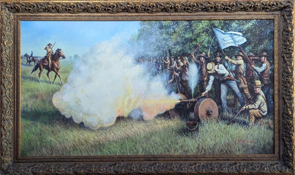 HUGE Texas Revolution Come And Take It Giclee: "Come and Take It" framed giclee signed by Texas artist Ken Turner. The original is in the Governor's Mansion, commissioned by former Governor Rick Perry. Frame measures 49" x 83". Signed lower RH cor