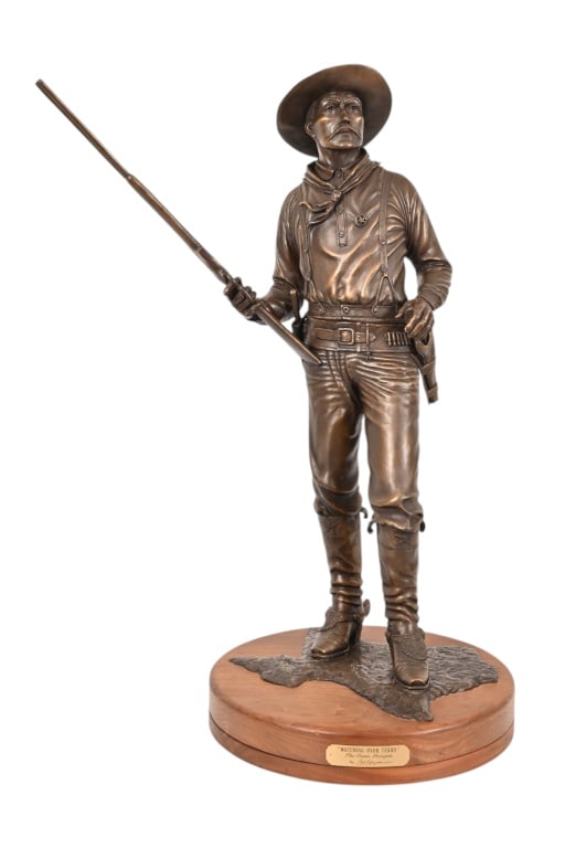 Edd Hayes Watchin Over Texas The Texas Rangers: Bronze statue by Official Texas State Sculpture Add Hayes. Spur rowels rotate. Mounted on a rotating wooden base that measures 17" diameter. Overall height approximately 38" tall. Rifle protrudes