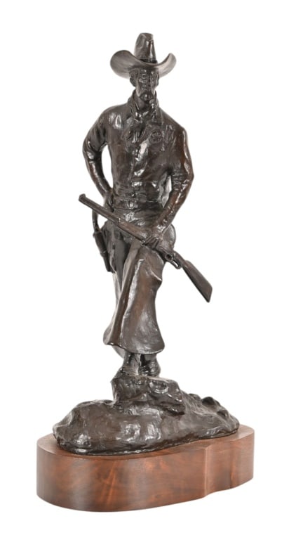 Melvin Warren Texas Ranger Bronze 1971: Mounted on wooden base, signed and dated 1971. Numbered 28/30. Base measures approximately 8" x 6". Overall height 15" tall. Melvin Warren (1920-1995) served a short stint in the Air Force, before