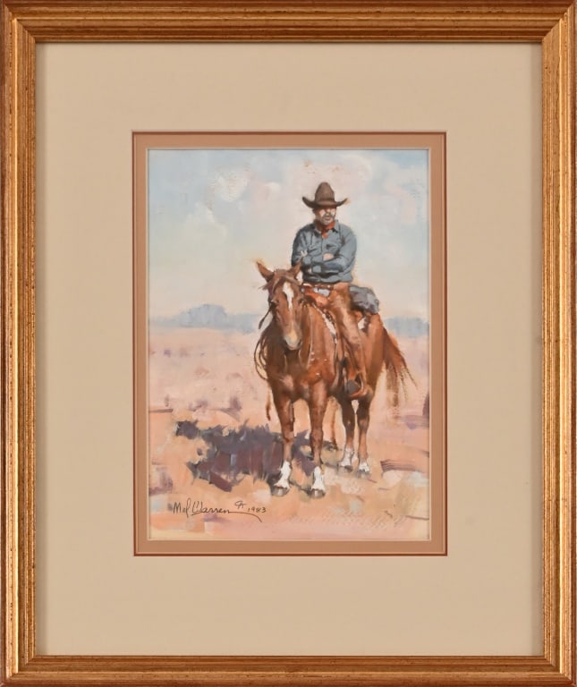 Melvin Warren "On Watch" Original Oil Painting: Oil on paper. Signed lower LH corner and dated 1983. Framed behind glass. Frame measures 18 1/4 x 21 1/4". Image measures 8 1/2" x 11 1/2". Melvin Warren (1920-1995) served a short stint in the Air