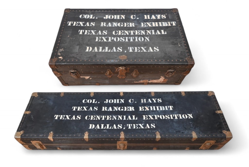 Jack Hays Texas Ranger Centennial Exposition Cases: Two of the original trunks used to deliver the Texas Ranger John "Jack" Coffee Hays artifacts to the 1936 Texas Centennial Exposition in Dallas. From the Applewhite-Clark Collection. Legendary Texas