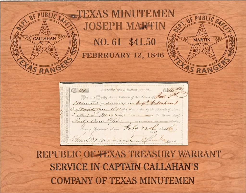 1841 Republic of Texas Minutemen Joseph Martin: Treasury Warrant