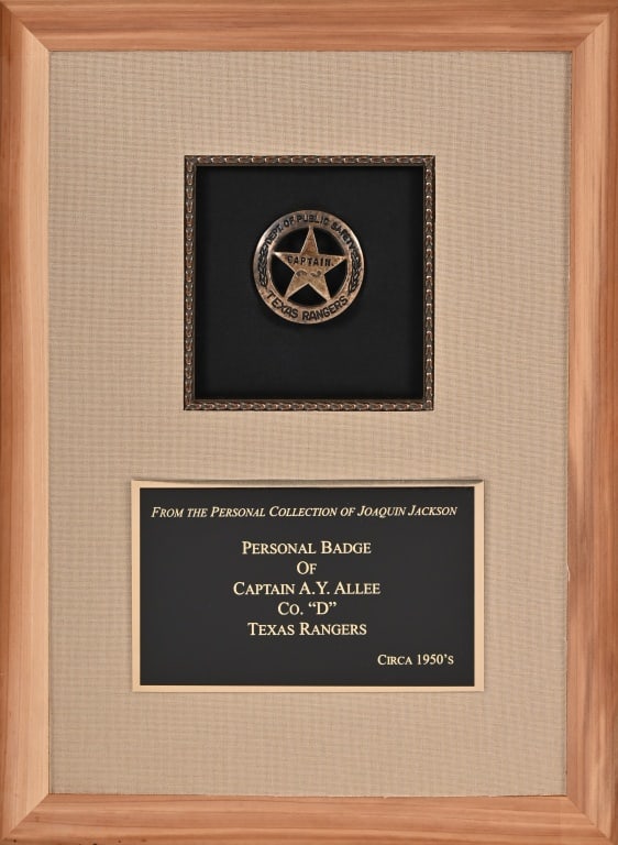 Texas Ranger Capt. A.Y. Allee Co. D Personal Badge: Circa 1950's. Mounted in a display case. From the personal collection of Joaquin Jackson. Display case measures 9" x 12".