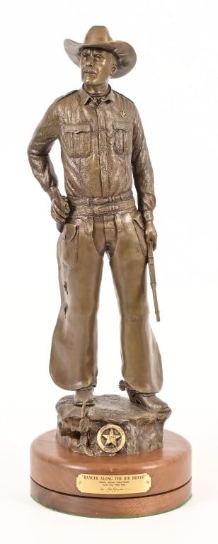 Texas Ranger Joaquin Jackson Bronze By Edd Hayes: "Ranger Along The Rio Bravo" bronze by renowned Texas sculptor, Edd Hayes. Portrays notorious Texas Ranger Joaquin Jackson. Rotating mesquite base measures 8.5" in diameter, with total bronze height o