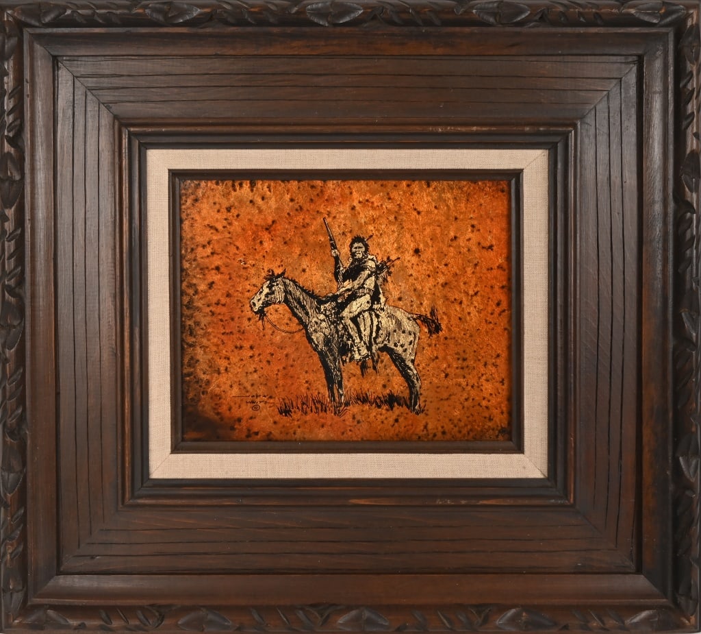 Jack White Comanche Warrior Gold Leaf Echruseos: Original Echruseos or Gold Leaf art. Signed lower LH side of image. Frame measures 19 1/2" x 17 1/2", image measures 9 1/2" x 7 1/4". Jack White invented the process of Echruseos (gold leaf) art in