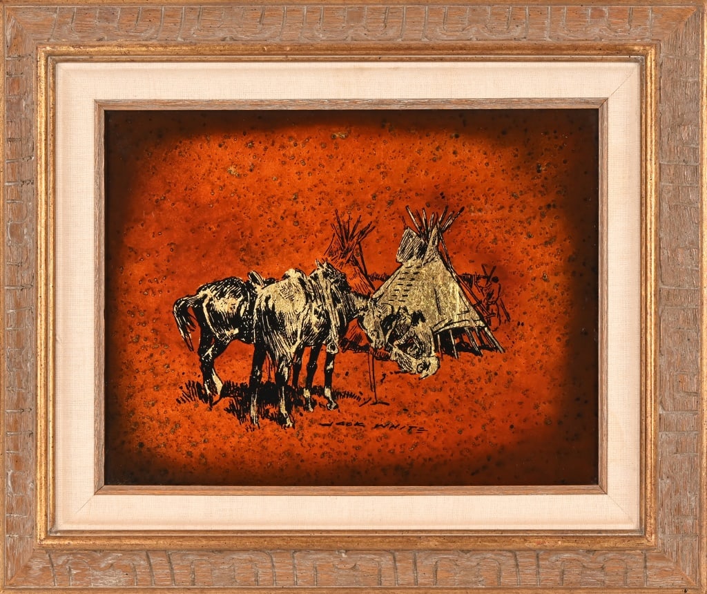 Jack White Comanche Village Gold Leaf Painting: Original Echruseos (gold leaf) art. Signed lower middle of image. Frame measures 22 1/2" x 18 1/2", image measures 15 1/2" x 11 1/2". Jack White invented the process of Echruseos (gold leaf) art in