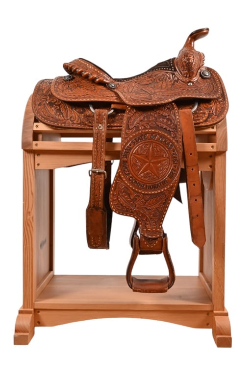 Texas Ranger Sesquicentennial Anniversary Saddle: Texas Rangers Sesquicentennial Anniversary Commemorative (1823-1973) custom tooled saddle. Beautifully designed, hand tooled saddle, trimmed with silver. The official Texas Rangers Commemorative seal 