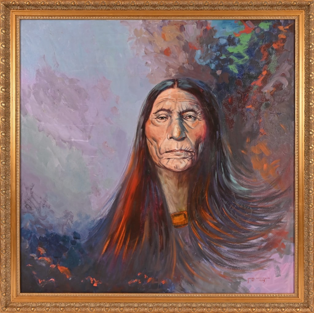 Jack White Indian Original Oil Painting: Oil on canvas. Signed lower RH corner and dated 1985. Frame measures 40 1/4" x 40 1/4", canvas measures 36 1/4" x 36 1/4". Jack White (1933-2016) a sixth generation Texan, great grandson of famous Tex