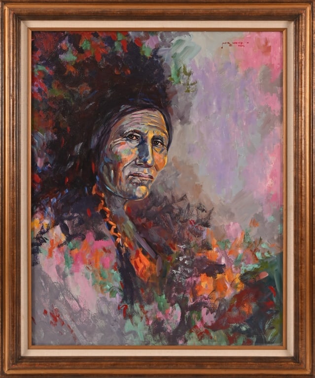 Jack White Medicine Man Original Oil Painting: Oil on canvas. Signed upper RH corner and dated 1985. Frame measures 29 1/4" x 35 1/4". Canvas measures 24" x 30". Jack White (1933-2016) a sixth generation Texan, great grandson of famous Texas Range