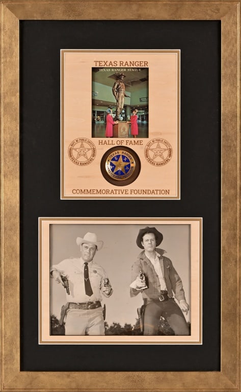 Texas Ranger Jay Banks HOF Commemorative Badge: Texas Ranger Hall Of Fame Commemorative badge, with photo of Banks and actor Robert Culp, who played Texas Ranger Hoby Gilman from the late 1950's television series Trackdown. Frame measures 16 1/2" x