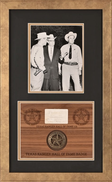 Texas Ranger Capt. Jay Banks Hall Of Fame Badge: Texas Ranger Hall of Fame commemorative badge with photo. Complete with Captain E.J. Banks Hall of Fame I.D. card, signed by then chairman Clint Peoples. Date on card 2/7/76. Frame measures 16 1/2" x 