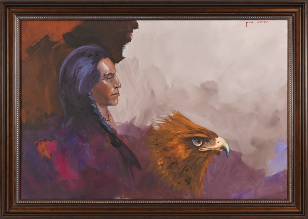 Red Eagle Creek Chief Oil Painting By Jack White: Oil on canvas. Signed upper RH corner. Frame measures 41" x 29". Canvas measures 36" x 24". Jack White (1933-2016) a sixth generation Texan, great grandson of famous Texas Ranger Ben McGee and great, 