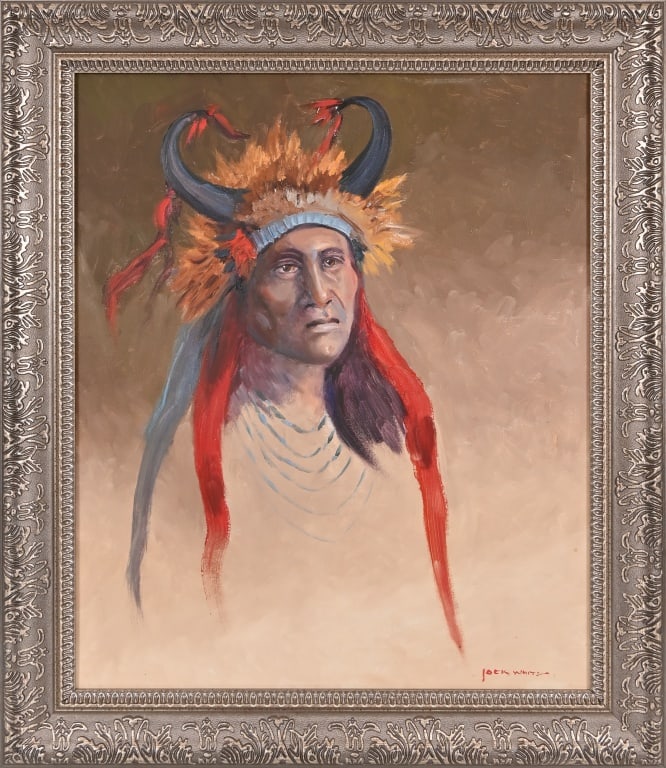 Buffalo Hump Comanche Chief Painting By Jack White: Oil on canvas. Frame measures 25" x 29". Canvas measures 20" x 24". Jack White (1933-2016) a sixth generation Texan, great grandson of famous Texas Ranger Ben McGee and great, great grandson of Dillar