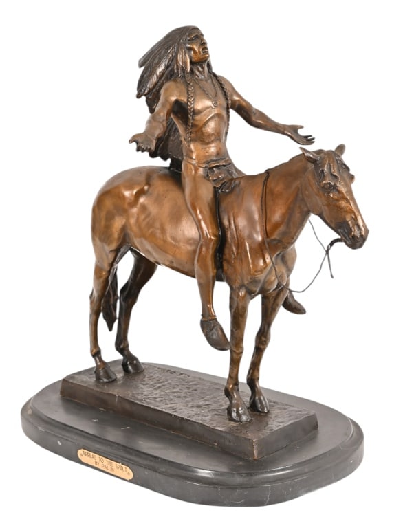 Appeal To The Great Spirit Bronze Statue By Dallin: Cyrus Dallin (1861-1944). Statue depicts an Indian in full head dress sitting on horseback with arms outstretched and head thrown back, searching the heavens, while the horse stands there. Signed CE D