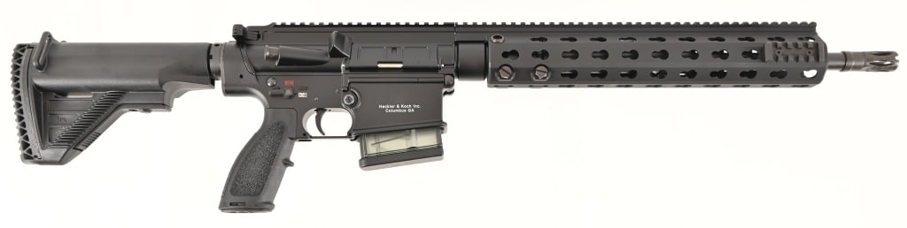 HK MR 762 A1 Semi-Auto Rifle 7.62 x 51MM: 18" barrel. S/N 242-304026. Almost new condition. Comes in original soft case. Modern.