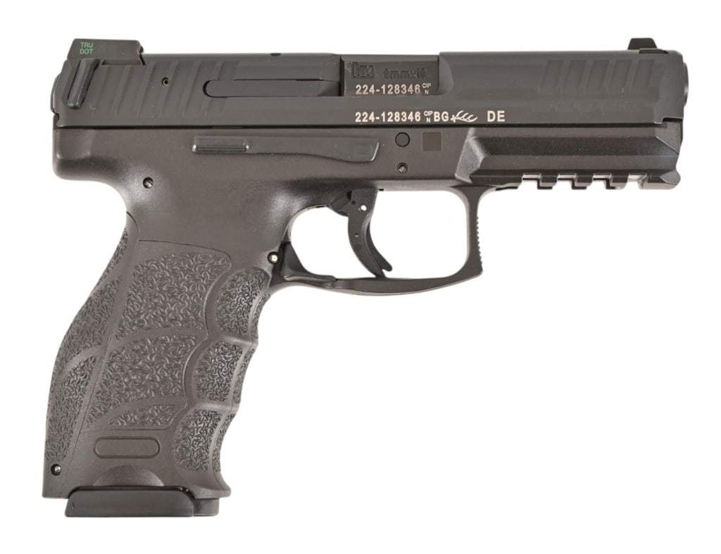 HK VP9 9MM Semi-Auto Pistol.: 4" barrel. In original hard case with 3 Magazines & extra grips. S/N 224-128346. Very good condition. Modern.