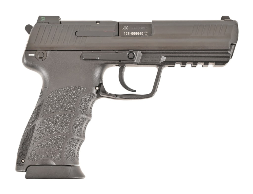 HK45 .45 Auto Pistol: 4.5" barrel. Like New in original hard case. 3 Magazines. S/N 126-066640. Modern.
