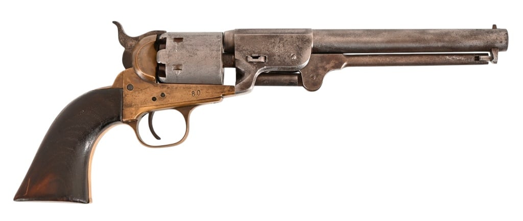 Griswold & Gunnison Revolver .36 Caliber: Rare Civil War revolver made for the Confederate Government between 1862-1864, with approximately 3700 produced. Marked 80 on brass frame and barrel assembly. 7.5" round barrel, action functions.