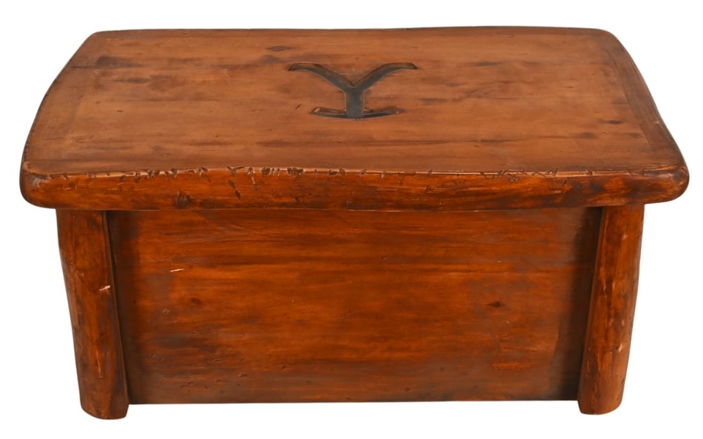 Yellowstone Bunkhouse Trunk Screen Used Prop: Bunkhouse prop trunk with Yellowstone brand carved into lid. 37"W x 21"D x 18"T.
