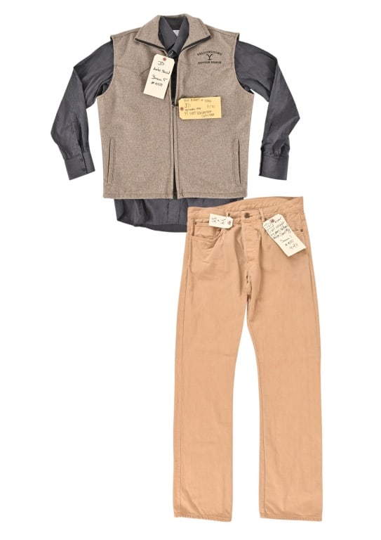 Yellowstone John Dutton Screen Worn Shirt & Pants: Worn by Kevin Costner John Dutton screen worn long sleeve shirt (size medium), and natural sand colored denim jeans (34 waist x 35 length) worn in season 1 on the popular TV series Yellowstone.