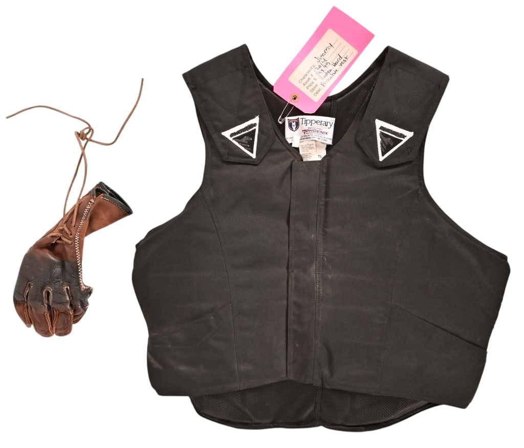 Yellowstone Jimmy Hurdstrom Screen Worn Rodeo Vest: In the TV series Yellowstone, the character Jimmy Hurdstrom (played by Jefferson White) goes through a memorable rodeo arc where he competes in bareback bronc riding. This is the protective vest and