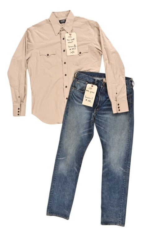 Yellowstone John Dutton Screen Worn Shirt & Jeans: Worn by Kevin Costner RRL Jeans 36/34 from season 1 and Lyle Lovett tan shirt from season 2.
