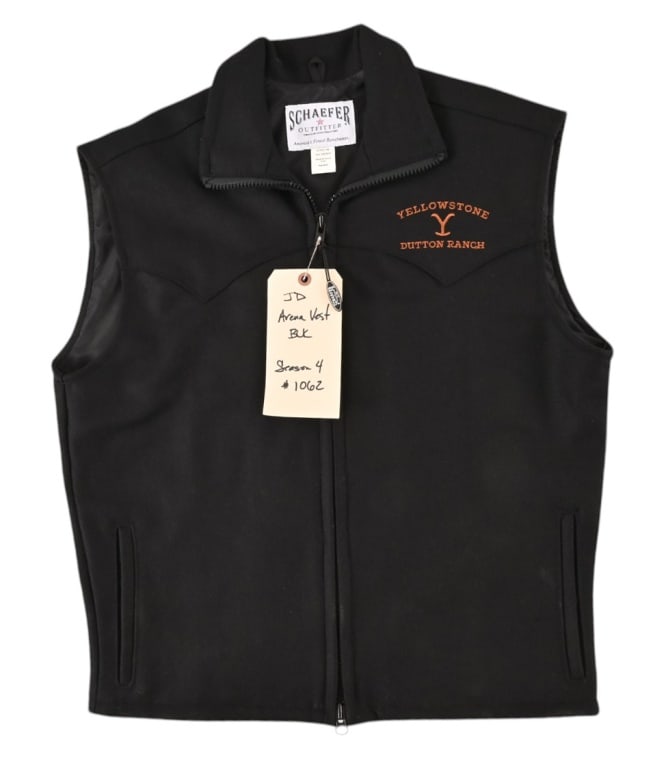 Yellowstone John Dutton Screen Worn Arena Vest: Worn by Kevin Costner Yellowstone Dutton Ranch embroidered on LH side. Brand Schaefer Outfitter, size Medium, Black. From season 4.
