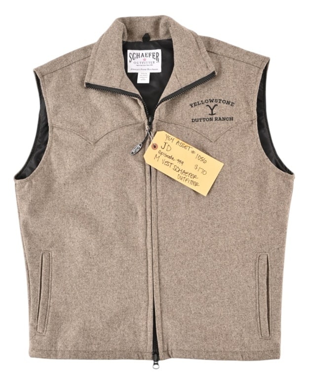 Yellowstone John Dutton Screen Worn Vest: Worn by Kevin Costner Embroidered arena vest from the popular TV series Yellowstone. Yellowstone Dutton Ranch embroidered on LH side. Brand Schaefer Outfitter, size medium, wool/nylon blend material.