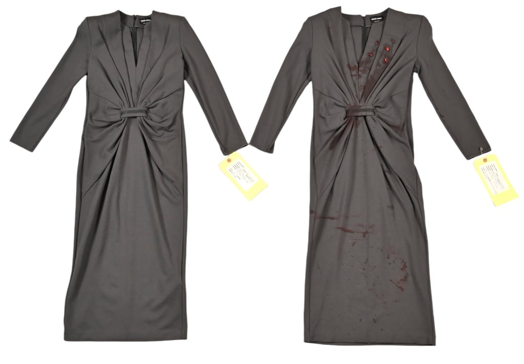 Yellowstone Sarah Atwood's Screen Worn Dresses (2): Sarah Atwood is a fictional corporate attorney of the television series Yellowstone, played by Dawn Olivieri. The dresses are what she was wearing in her final episode. One before being shot and one a