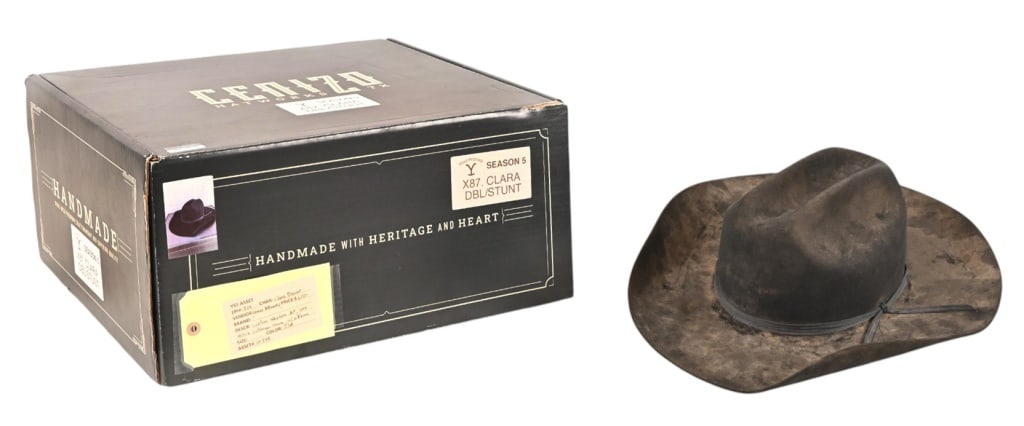 Yellowstone Clara Brewer Screen Worn Cowboy Hat: Custom ladies black western hat, 100x, cattleman crown with ribbon. Made by Cenizo Hatworks. In original box. From the popular TV series Yellowstone, Clara Brewer (actress Lilli Kay) is an assistant