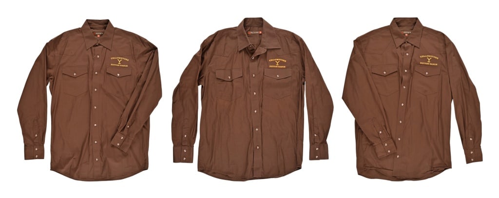 Yellowstone Dutton Ranch Prop Shirts (3): From the popular TV series Yellowstone. Yellowstone Dutton Ranch embroidered on LH side. All three are brown with pearl snaps, long sleeve. One size M and two size MT.