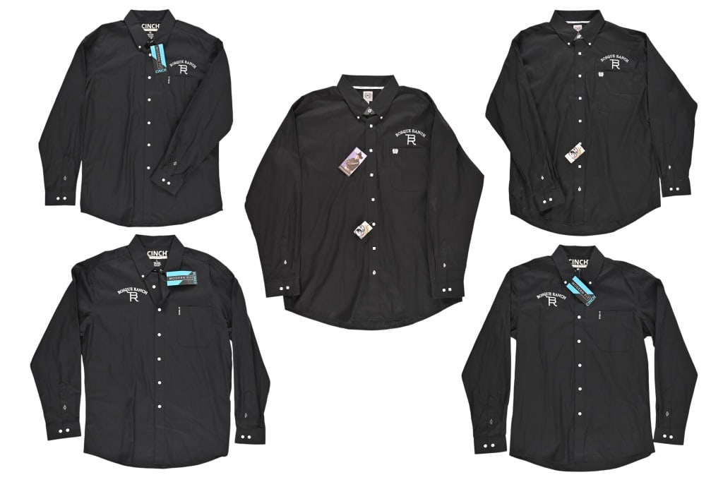 Yellowstone Bosque Ranch Shirts (5): All five shirts are black Cinch button-down long-sleeve featuring embroidered "Bosque Ranch" on right side of chest. 2 size XL, 1 L and 2 M. Bosque Ranch is a 600-acre property in Weatherford, Texas,